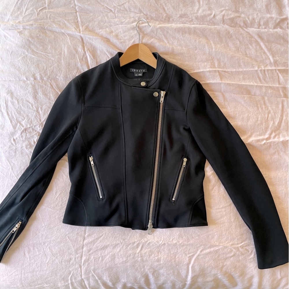 Theory Cotton Motorcycle Jacket - bold zippers, super flattering, soft cotton.